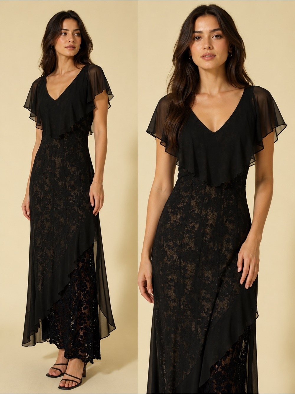 Vintage 90s y2K Jessica McClintock asymmetrical Black lace midi dress